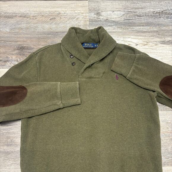 Polo Ralph Lauren Olive Green Mens S Shawl Collar Mini Pony Elbow Patch Sweater - Picture 1 of 11